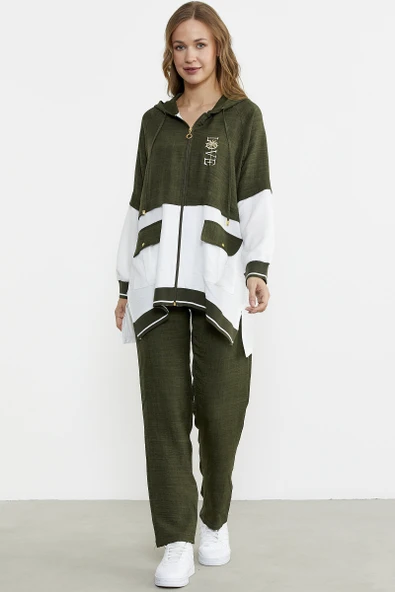 Blok Renk Geçişli Tunik Takım - Haki - Resim 2