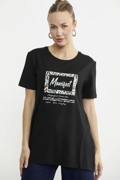 Baskılı Bisiklet Yaka Tunik Tişört - Siyah - Resim 3