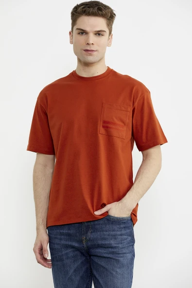 Bisiklet Yaka Oversize Pamuk Tişört - Kiremit ürün görseli 1