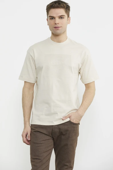 Oversize Baskılı Pamuk Tişört - Kamel ürün görseli 1