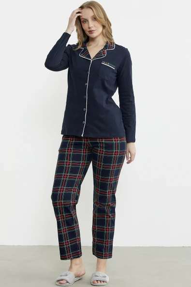 Gömlek Model Ekose Pijama Takım - Lacivert - 4