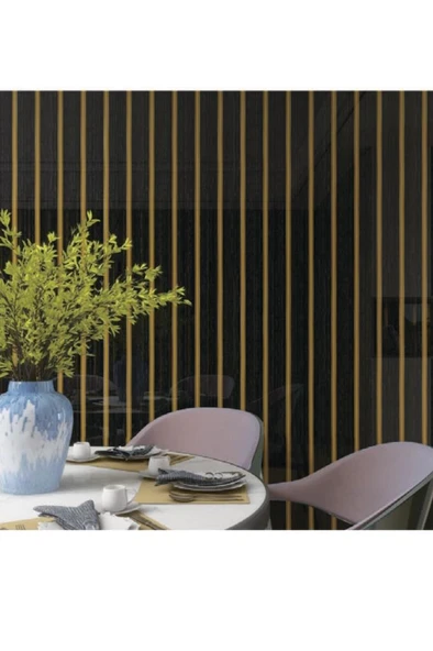 120cmx300cm Tek Parça Yapışkanlı Rulo Gold Çizgili Düz Parlak Siyah Duvar Paneli Kağıdı Şile QM0132 - Resim 5