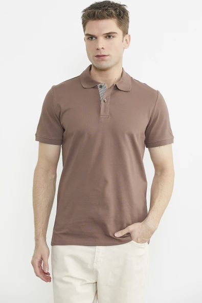 Detaylı Polo Yaka Kısa Kol Tişört - Sütlü Kahve ürün görseli 1