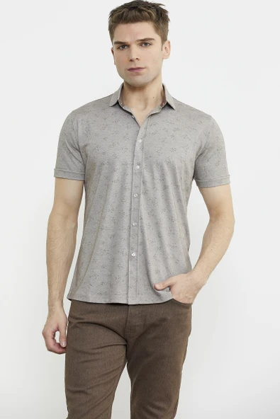 Slim Fit Baskılı Penye Gömlek - Vizon