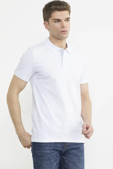 Detaylı Polo Yaka Kısa Kol Tişört - Beyaz - Resim 4