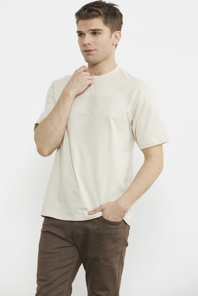 Oversize Baskılı Pamuk Tişört - Kamel - Resim 2