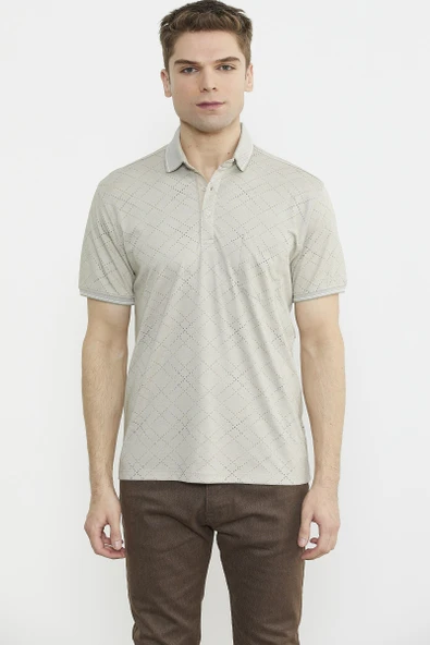 Baskı Detaylı Polo Yaka Tişört - Kamel ürün görseli