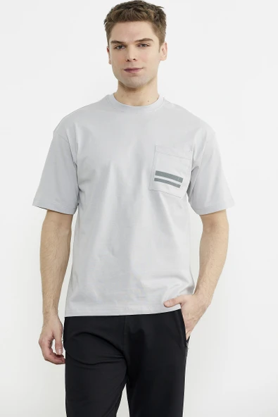 Bisiklet Yaka Oversize Pamuk Tişört - Açık Gri ürün görseli 1