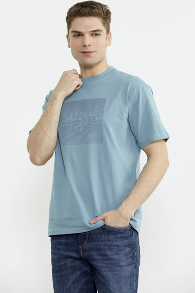 Oversize Baskılı Pamuk Tişört - Mavi - Resim 4