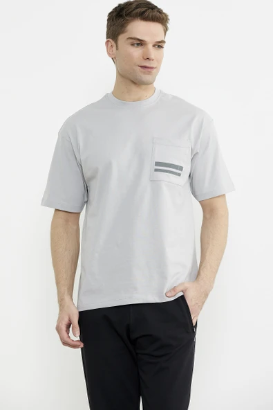 Bisiklet Yaka Oversize Pamuk Tişört - Açık Gri - Resim 3