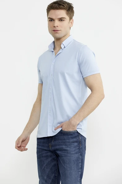 Kısa Kol Slim Fit Penye Gömlek - Açık Mavi - 2