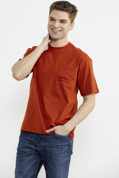 Bisiklet Yaka Oversize Pamuk Tişört - Kiremit - Resim 2