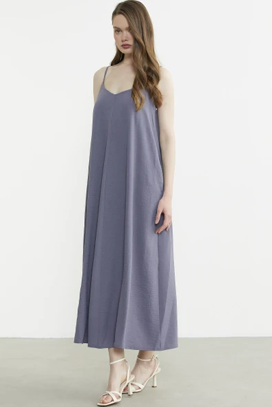 Ayarlanabilir Askılı Uzun Krep Elbise - Antrasit - Resim 3