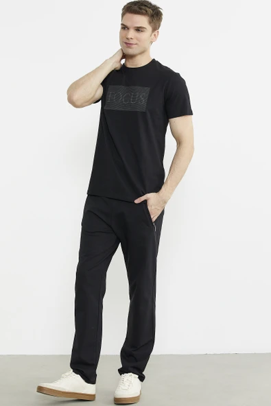 Bisiklet Yaka Baskılı Basic Tişört - Siyah - Resim 3