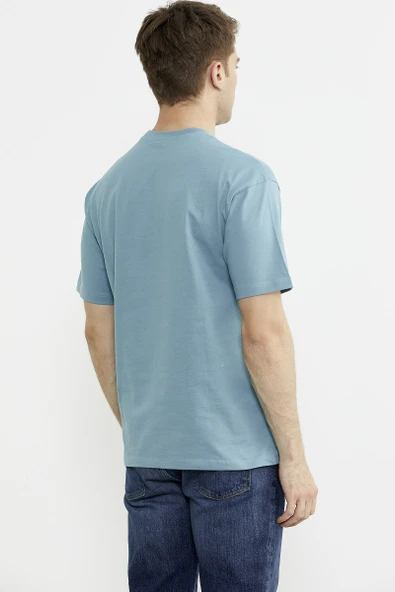 Oversize Baskılı Pamuk Tişört - Mavi - Resim 5