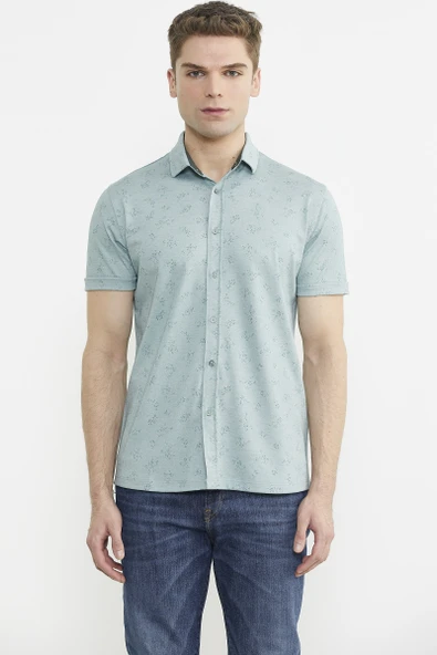Slim Fit Baskılı Penye Gömlek - Yeşil