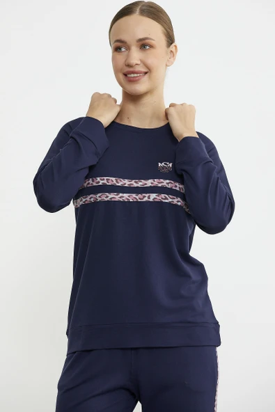 Leopar Çizgili Jogger Pijama Takım - Lacivert - Resim 5