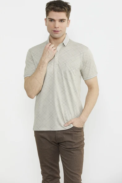 Baskı Detaylı Polo Yaka Tişört - Kamel - Resim 3