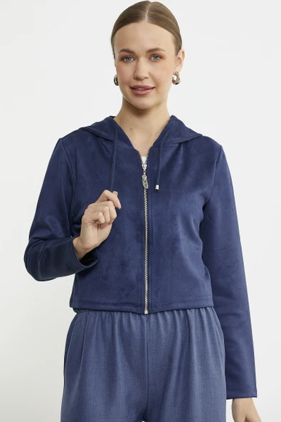 Süet Görünümlü Fermuarlı Kısa Mont - Lacivert ürün görseli