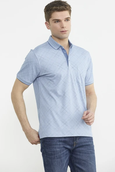 Baskı Detaylı Polo Yaka Tişört - Mavi - 4