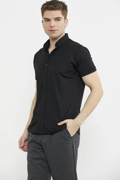 Kısa Kol Slim Fit Penye Gömlek - Siyah - 5
