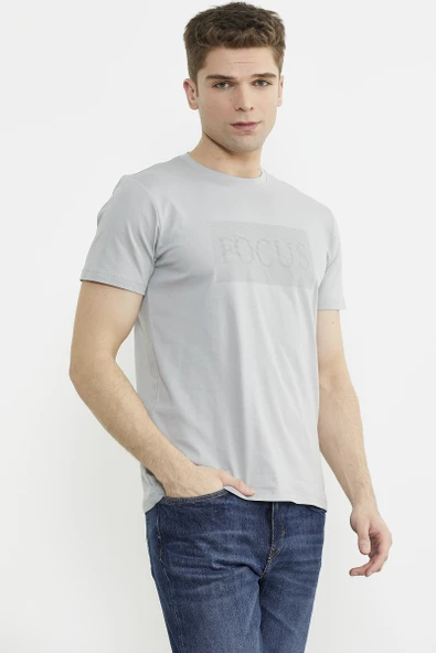 Bisiklet Yaka Baskılı Basic Tişört - Gri - 4