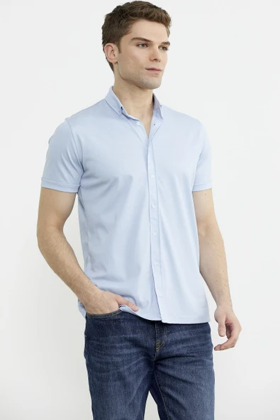 Kısa Kol Slim Fit Penye Gömlek - Açık Mavi - 3