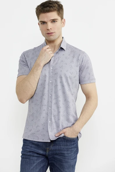 Slim Fit Baskılı Penye Gömlek - Lila - 3