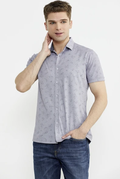 Slim Fit Baskılı Penye Gömlek - Lila - 2