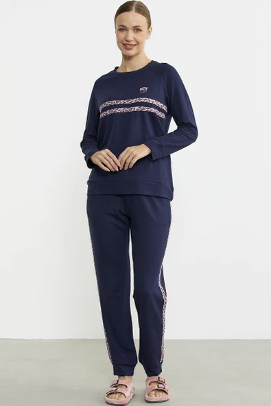 Leopar Çizgili Jogger Pijama Takım - Lacivert