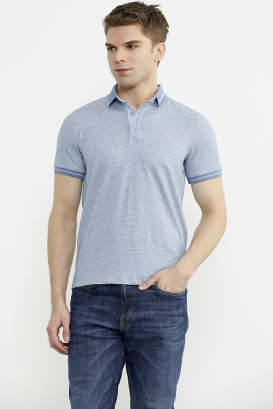 Renk Kombinli Polo Yaka Tişört - Mavi - Resim 3