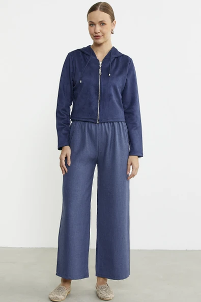 Süet Görünümlü Fermuarlı Kısa Mont - Lacivert - Resim 3