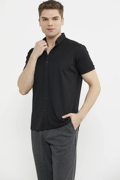 Kısa Kol Slim Fit Penye Gömlek - Siyah - 2