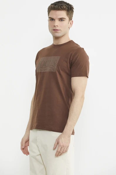 Bisiklet Yaka Baskılı Basic Tişört - Kahve - 4