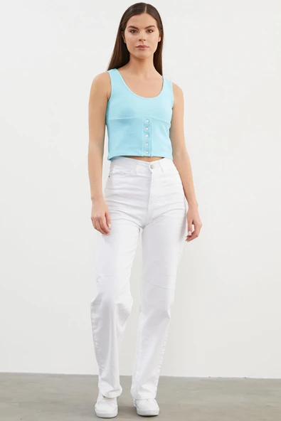 Askılı Düğme Detaylı Ribana Crop Tişört - Mavi ürün görseli 1