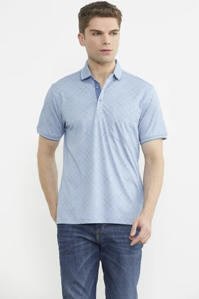 Baskı Detaylı Polo Yaka Tişört - Mavi - 2