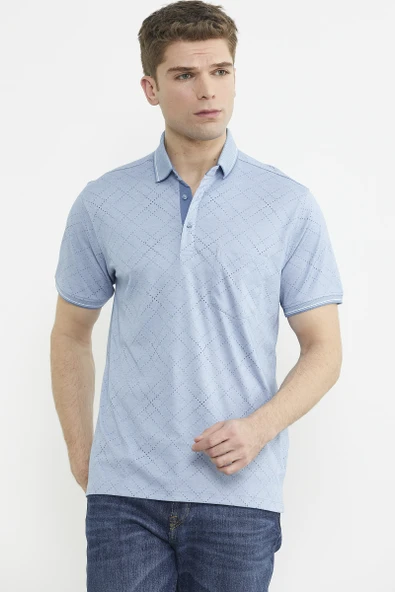 Baskı Detaylı Polo Yaka Tişört - Mavi - 3
