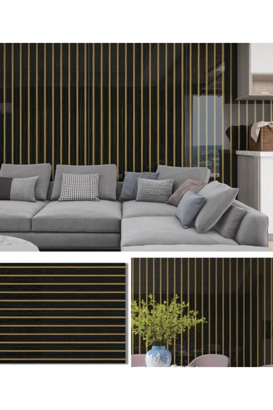 120cmx300cm Tek Parça Yapışkanlı Rulo Gold Çizgili Düz Parlak Siyah Duvar Paneli Kağıdı Şile QM0132 - Resim 4