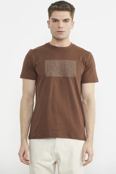 Bisiklet Yaka Baskılı Basic Tişört - Kahve - 2