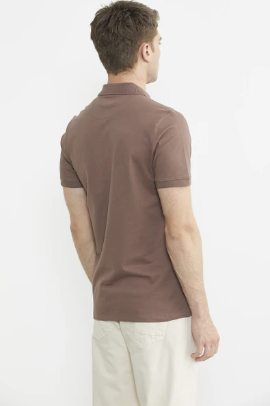 Detaylı Polo Yaka Kısa Kol Tişört - Sütlü Kahve - Resim 5
