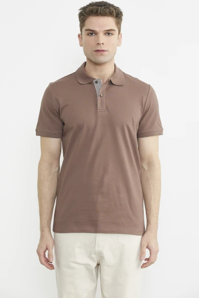 Detaylı Polo Yaka Kısa Kol Tişört - Sütlü Kahve - Resim 3