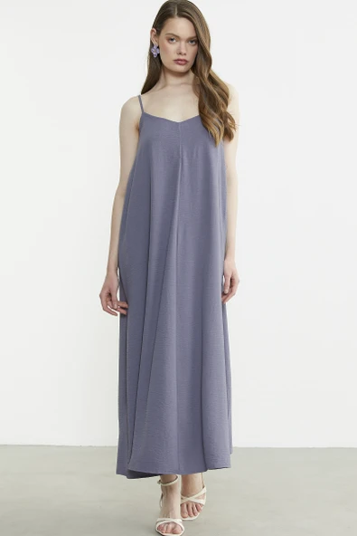 Ayarlanabilir Askılı Uzun Krep Elbise - Antrasit ürün görseli 1