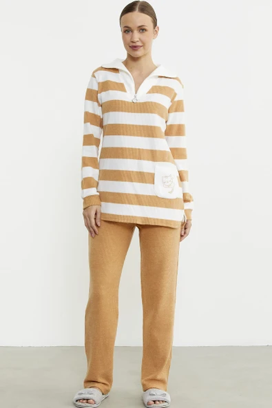 Kalın Çizgi Detaylı Pijama Takım - Hardal