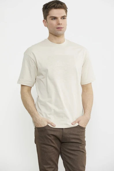 Oversize Baskılı Pamuk Tişört - Kamel - Resim 3