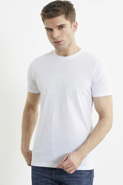 Bisiklet Yaka Baskılı Basic Tişört - Beyaz - Resim 2