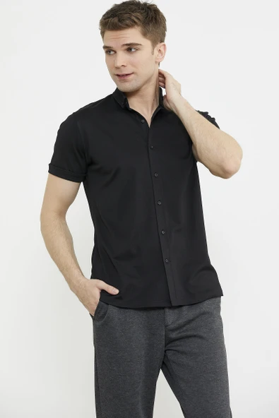 Kısa Kol Slim Fit Penye Gömlek - Siyah - 4
