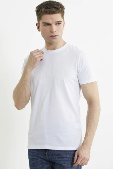 Bisiklet Yaka Baskılı Basic Tişört - Beyaz - Resim 3