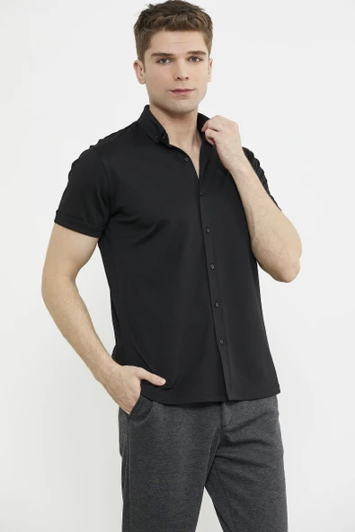 Kısa Kol Slim Fit Penye Gömlek - Siyah - 3