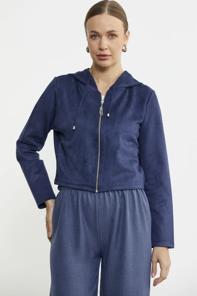 Süet Görünümlü Fermuarlı Kısa Mont - Lacivert - Resim 5