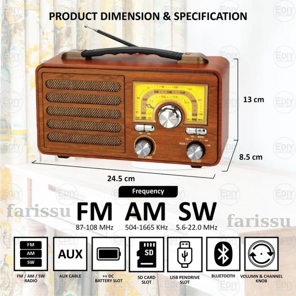 Büyük Boy Gerçek Ahşap Eskitme Görünümlü Çok Fonksiyonlu Retro Radyo | Müzik Sistemli Şarjlı Radyo - 3